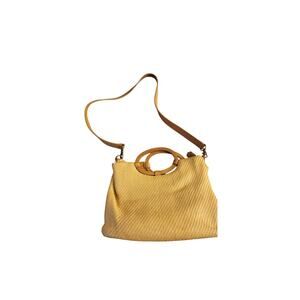 Fossil woven shoulder bag with bamboo handles and leather trim